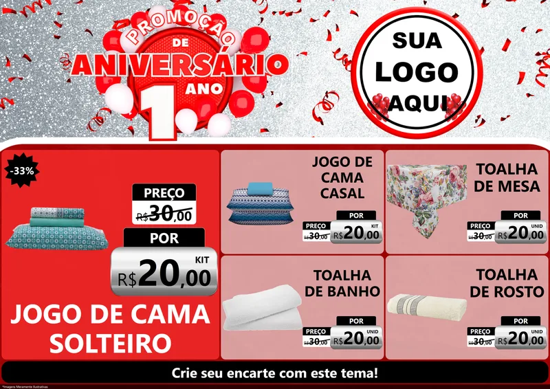 Modelo de Encarte para Encarte A4 Horizontal com o tema Promoção de Aniversário - 1 Ano para Cama, Mesa e Banho
