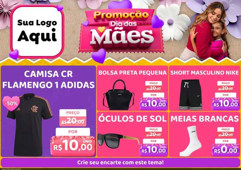 Modelo de Encarte para Encarte A4 Horizontal com o tema Promoção Dia das Mães para Roupas e acessórios