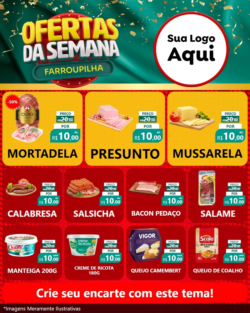 Modelo de Rede Social para Feed Instagram com o tema Ofertas da Semana Farroupilha para Frios e Laticínios
