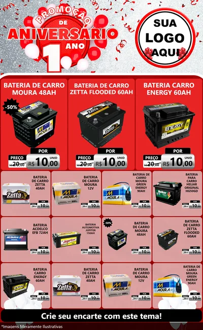 Modelo de Encarte para Encarte Grande com o tema Promoção de Aniversário - 1 Ano para Baterias Elétricas