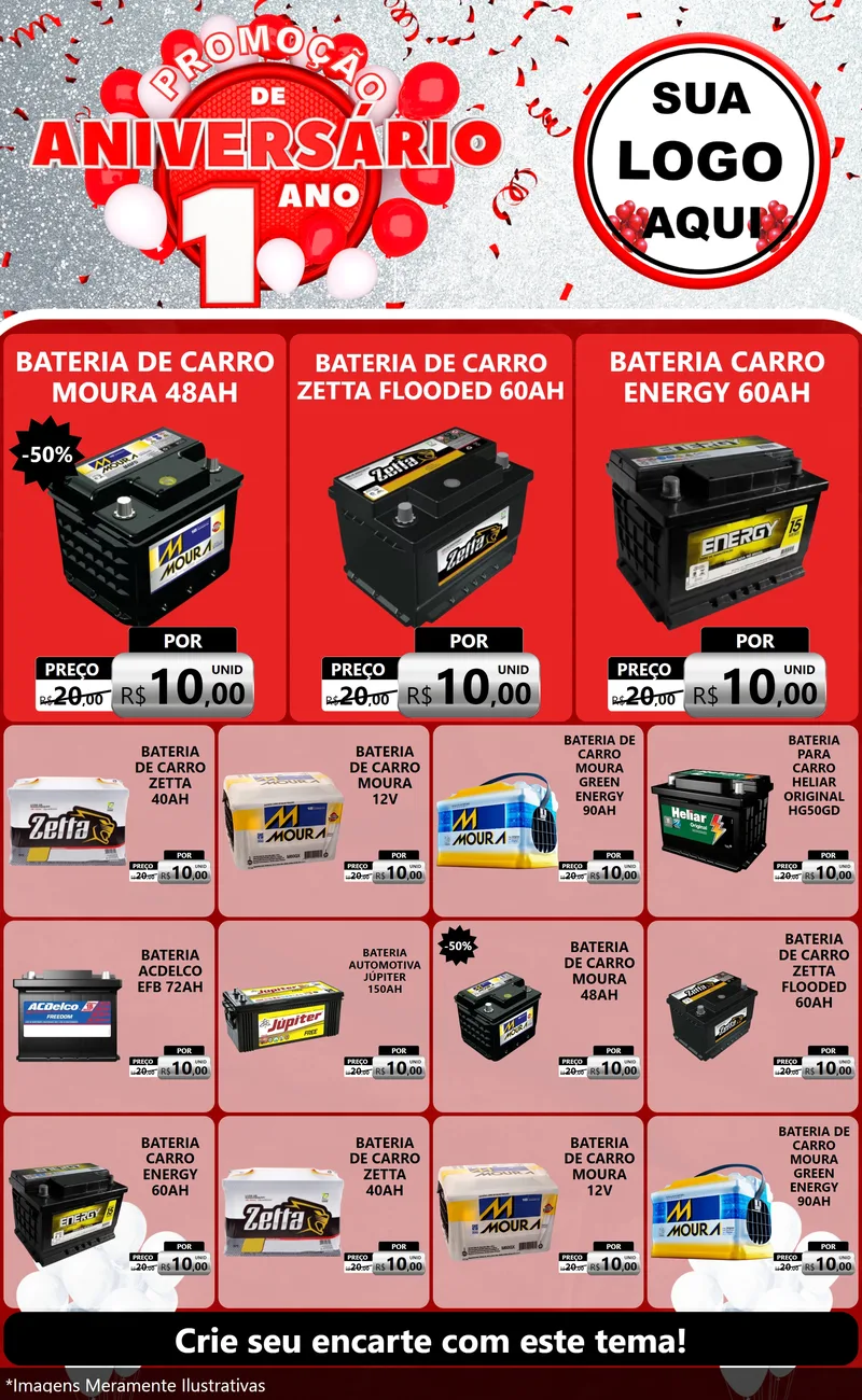 Modelo de Encarte para Encarte Grande com o tema Promoção de Aniversário - 1 Ano para Baterias Elétricas