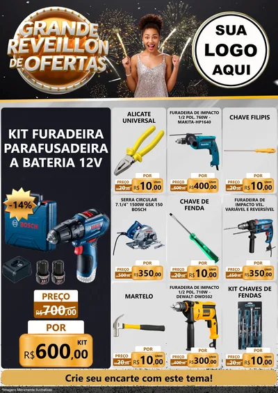 Modelo de Encarte para Encarte A4 Vertical com o tema Grande Réveillon de Ofertas para Maquinas e Ferramentas