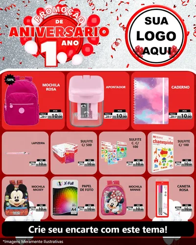 Modelo de Rede Social para Feed Instagram com o tema Promoção de Aniversário - 1 Ano para Papelaria