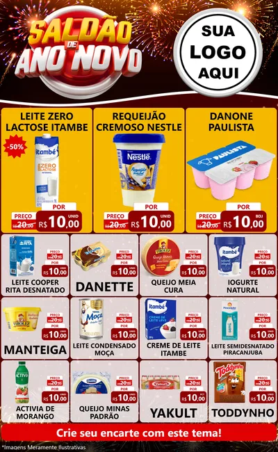 Modelo de Encarte para Encarte Grande com o tema Saldão de Ano Novo para Frios e Laticínios