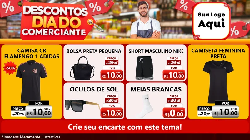 Modelo de TV para TV Horizontal com o tema Descontos Dia do Comerciante para Roupas e acessórios