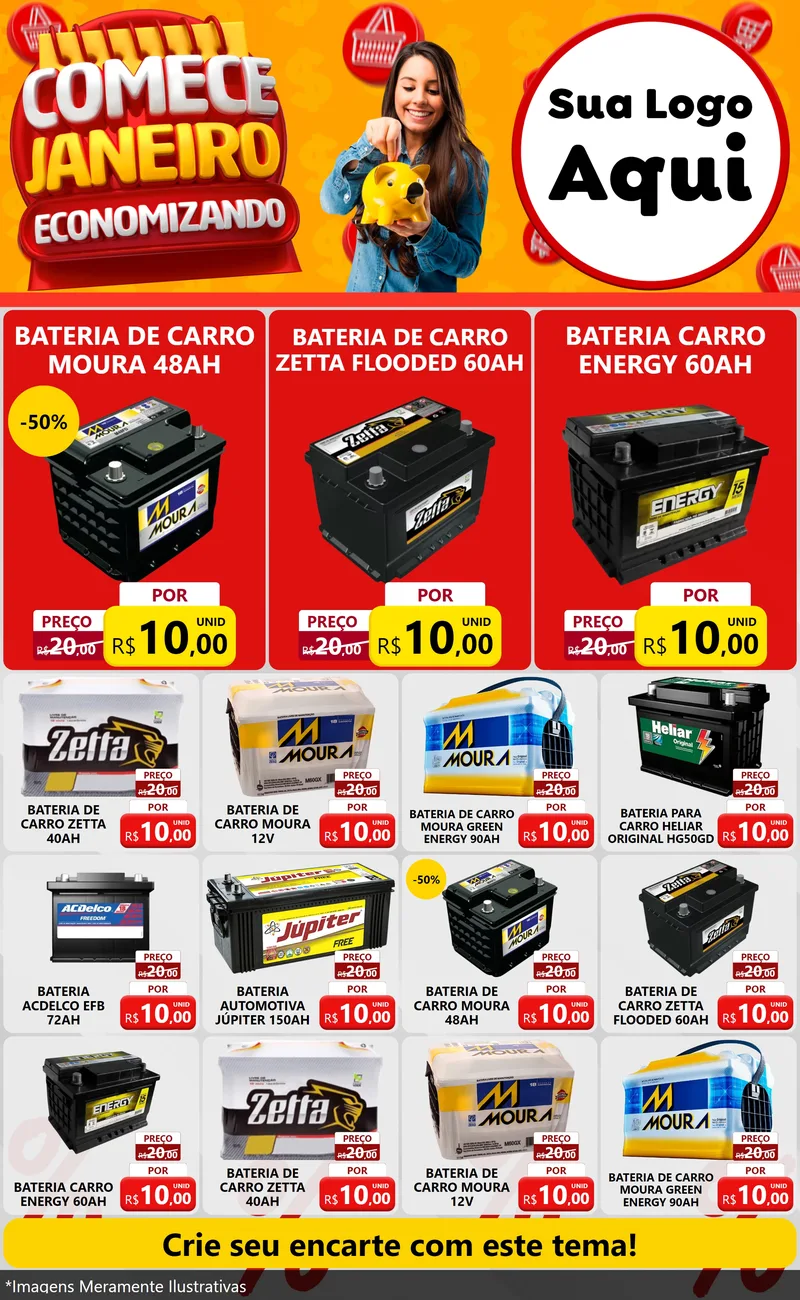 Modelo de Encarte para Encarte Grande com o tema Comece Janeiro Economizando para Baterias Elétricas