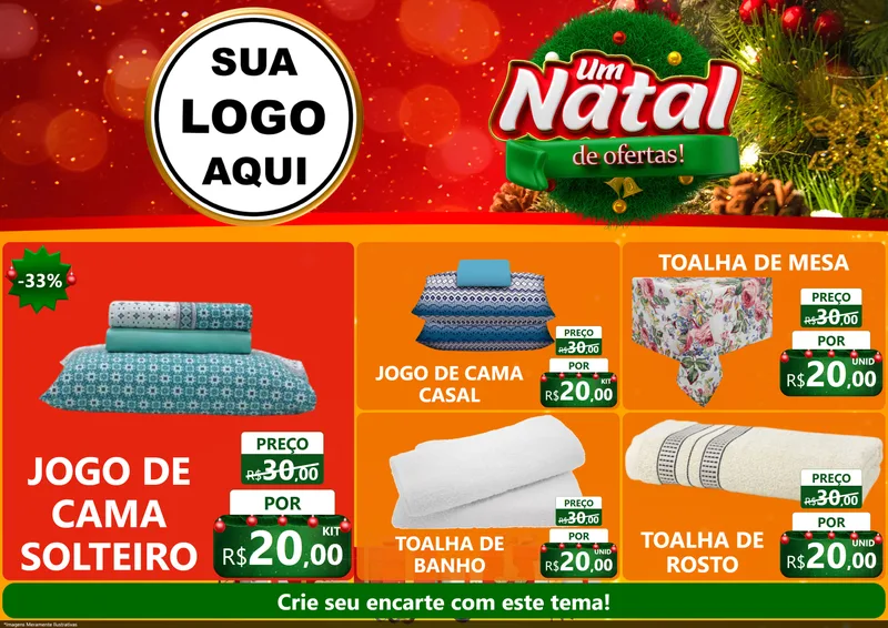 Modelo de Encarte para Encarte A4 Horizontal com o tema Um Natal de Ofertas para Cama, Mesa e Banho