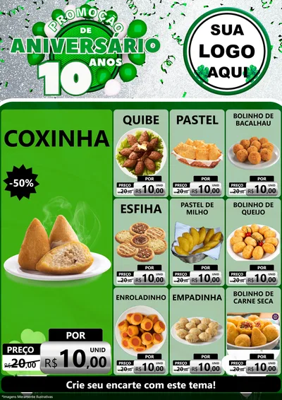 Modelo de Encarte para Encarte A4 Vertical com o tema Promoção de Aniversário - 10 Anos para Salgadaria