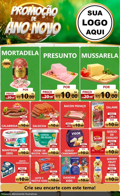 Modelo de Encarte para Encarte Grande com o tema Promoção de Ano Novo para Frios e Laticínios
