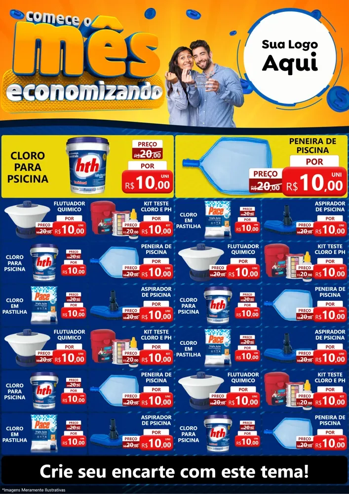 Modelo de Encarte para Encarte A4 Vertical com o tema Comece O Mês Economizando para Produtos para Piscina