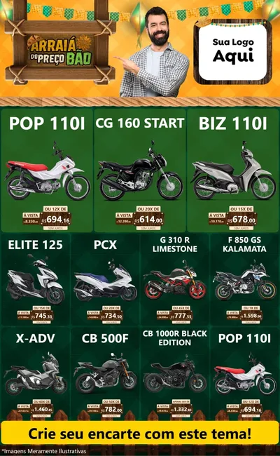 Modelo de Encarte para Encarte Grande com o tema Arraiá do preço bão para Concessionaria de Motos