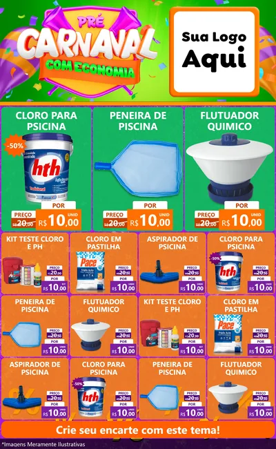 Modelo de Encarte para Encarte Grande com o tema Pré-Carnaval Com Economia para Produtos para Piscina