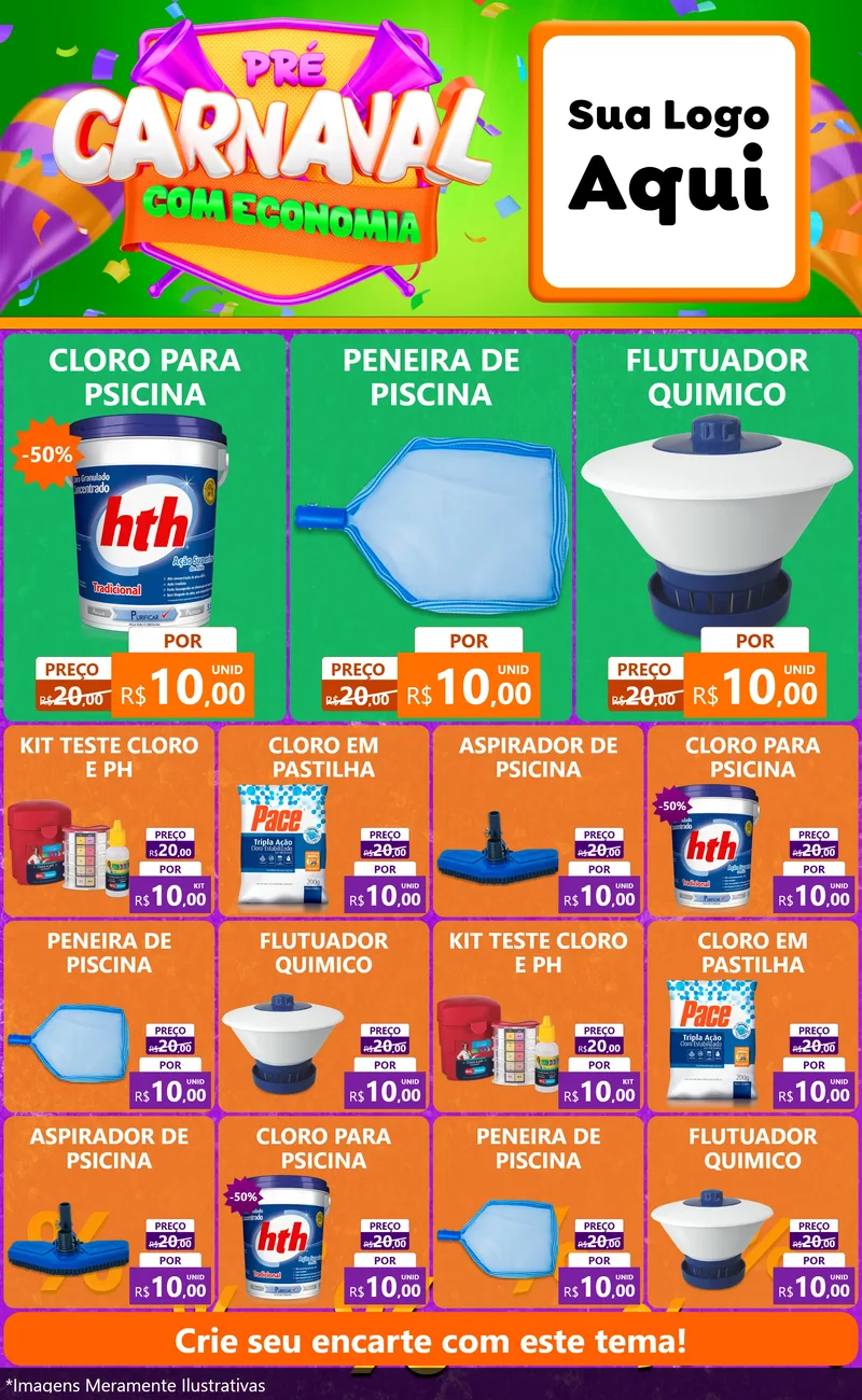 Modelo de Encarte para Encarte Grande com o tema Pré-Carnaval Com Economia para Produtos para Piscina