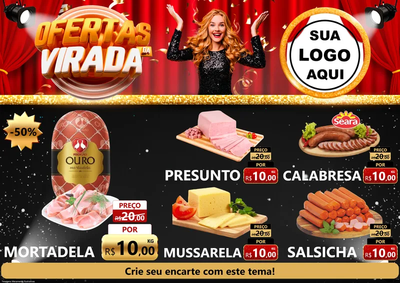 Modelo de Encarte para Encarte A4 Horizontal com o tema Ofertas da Virada para Frios e Laticínios