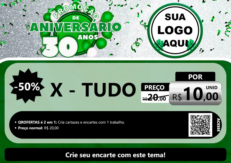 Modelo de Cartaz para Cartaz A4 Horizontal com o tema Promoção de Aniversário - 30 Anos para Hamburgueria