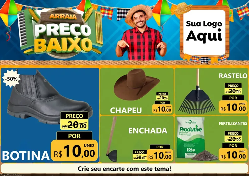 Modelo de Encarte para Encarte A4 Horizontal com o tema Arraiá de Preço Baixo - Junina para Agropecuária
