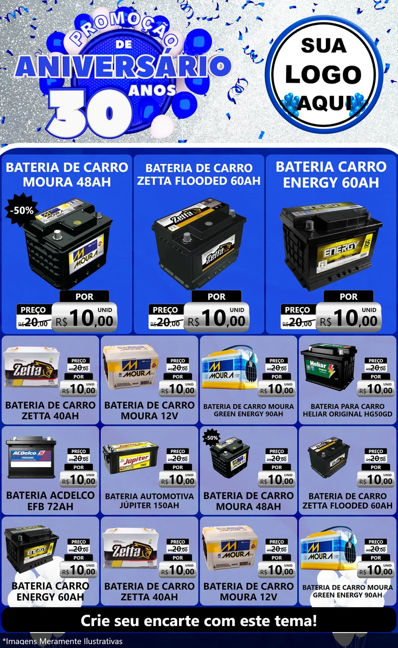 Modelo de Encarte para Encarte Grande com o tema Promoção de Aniversário - 30 Anos para Baterias Elétricas
