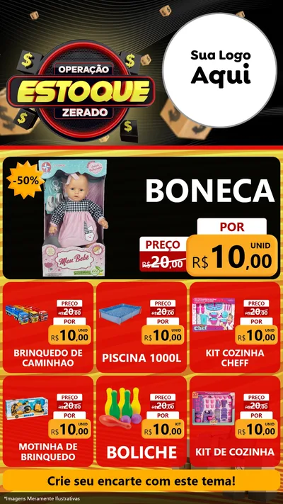 Modelo de Rede Social para Stories com o tema Operação Estoque Zerado para Brinquedos