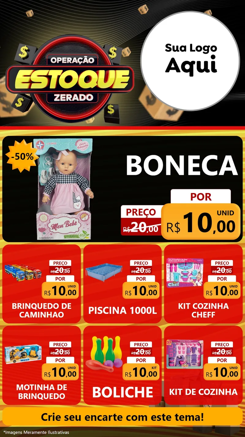 Modelo de Rede Social para Stories com o tema Operação Estoque Zerado para Brinquedos