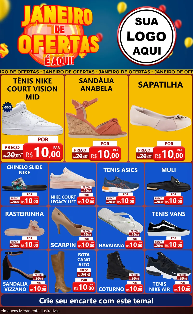 Modelo de Encarte para Encarte Grande com o tema Janeiro de Ofertas É Aqui! para Calçados
