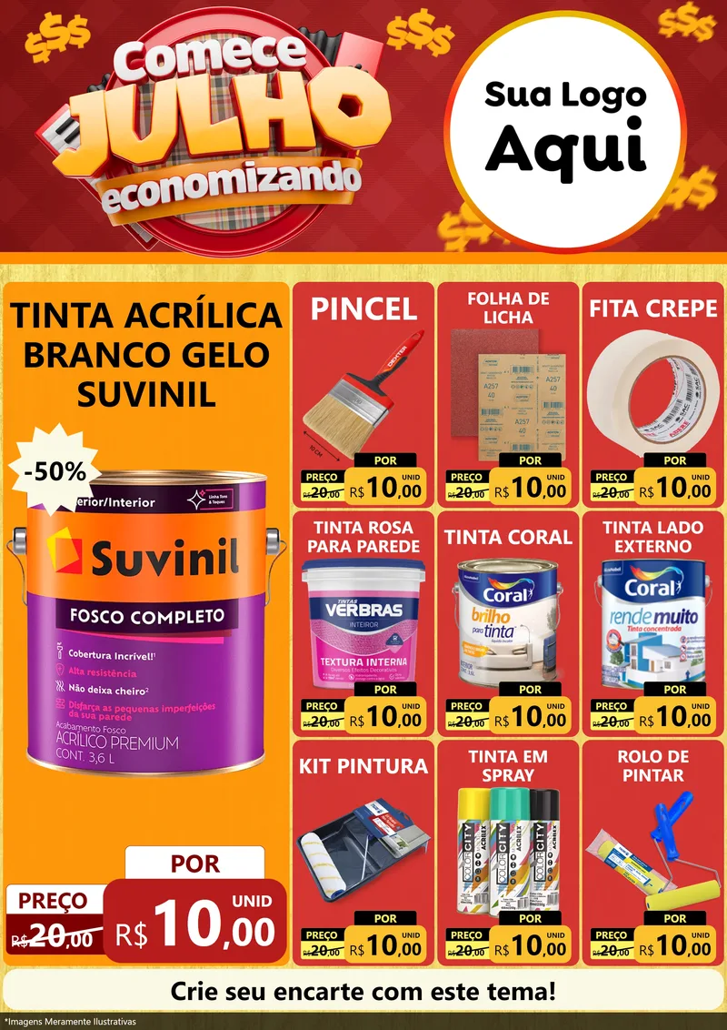 Modelo de Encarte para Encarte A4 Vertical com o tema Comece Julho Economizando para Tintas e Ferramentas