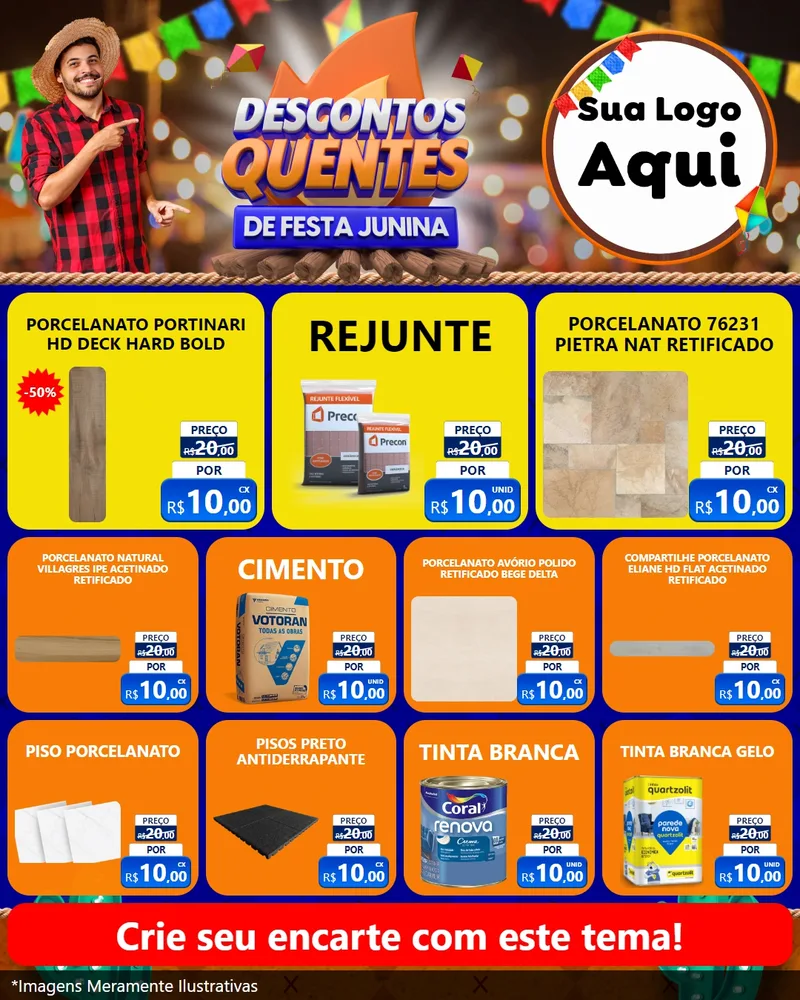Modelo de Rede Social para Feed Instagram com o tema Descontos Quentes de Festa Junina para Pisos e revestimentos