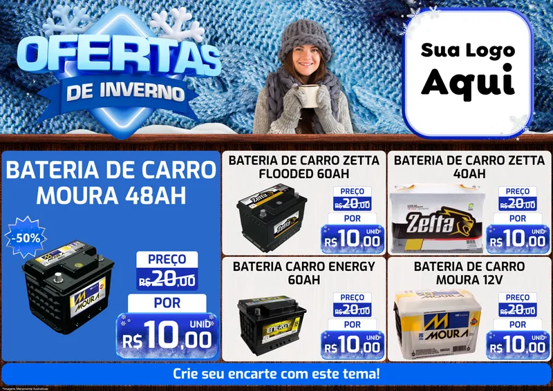 Modelo de Encarte para Encarte A4 Horizontal com o tema Ofertas de Inverno para Baterias Elétricas