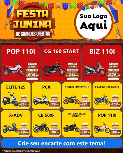 Modelo de Rede Social para Feed Instagram com o tema Festa Junina de Grandes Ofertas para Concessionaria de Motos