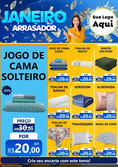 Modelo de Encarte para Encarte A4 Vertical com o tema Janeiro Arrasador para Cama, Mesa e Banho
