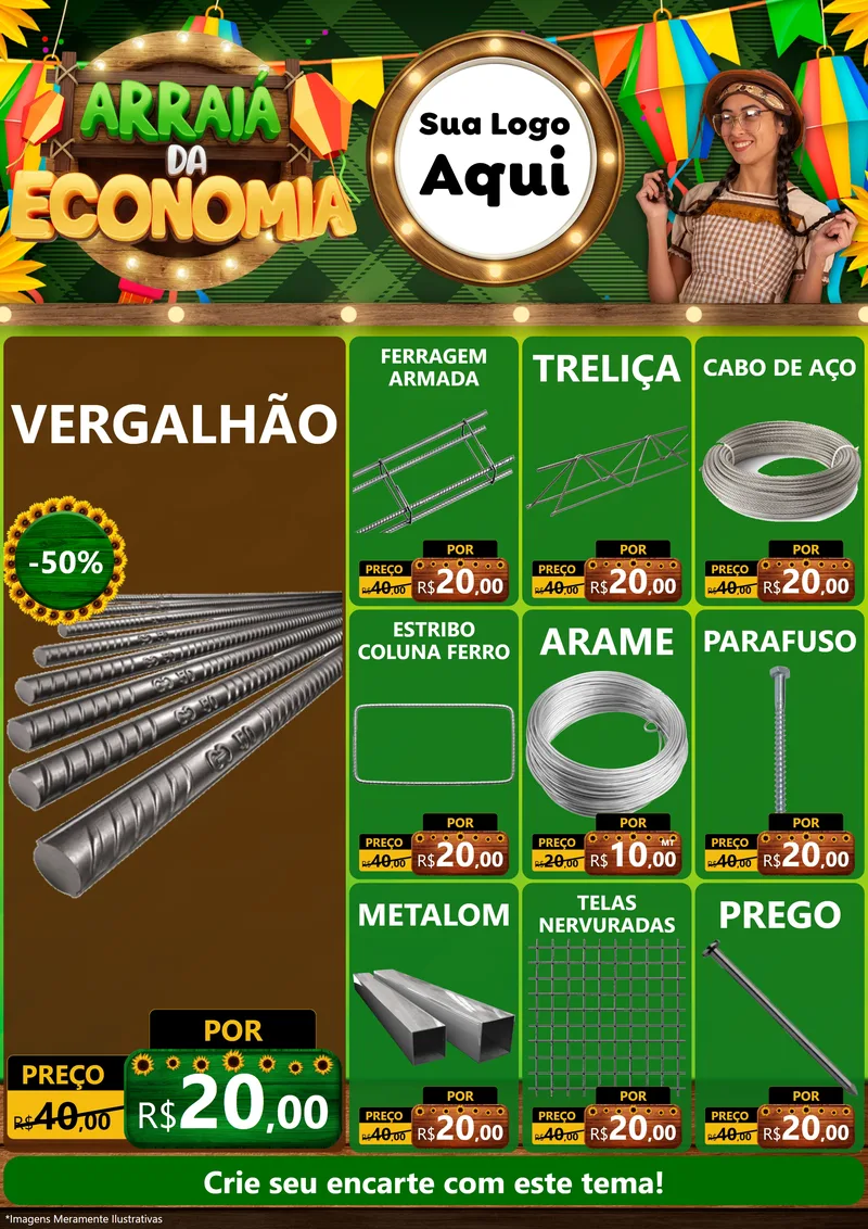 Modelo de Encarte para Encarte A4 Vertical com o tema Arraiá de Economia para Ferragens