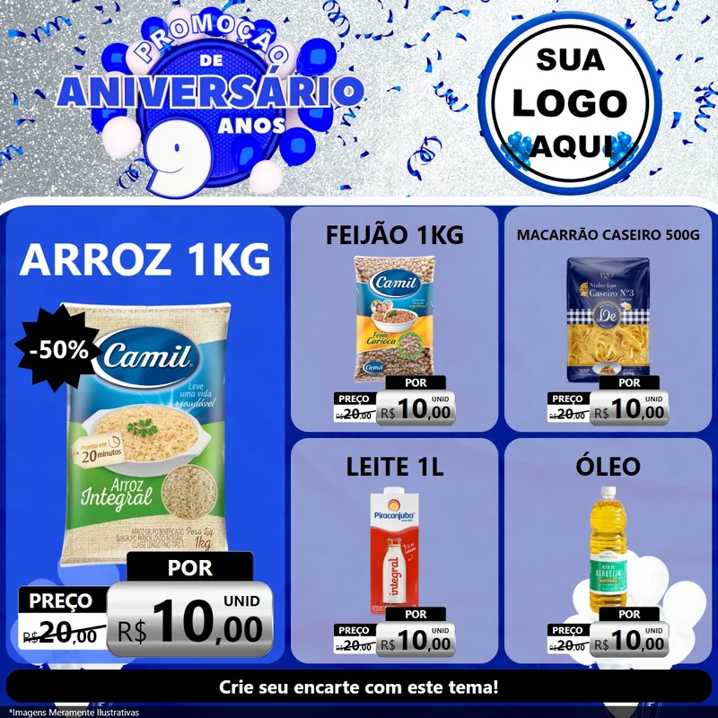 Modelo de Rede Social para Feed Facebook com o tema Promoção de Aniversário - 9 Anos para Supermercado