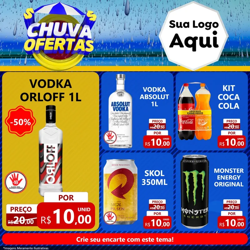 Modelo de Rede Social para Feed Facebook com o tema Chuva de Ofertas para Distribuidora de bebidas