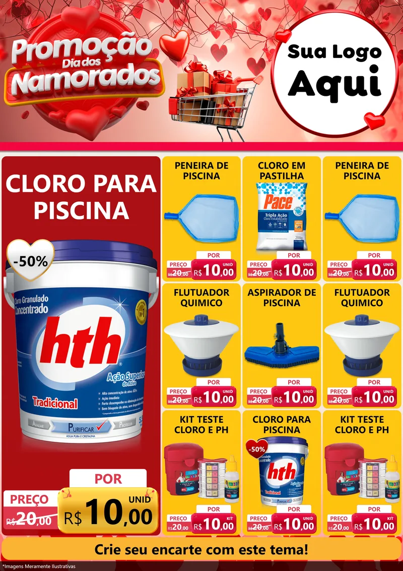 Modelo de Encarte para Encarte A4 Vertical com o tema Promoção Dia dos Namorados para Produtos para Piscina