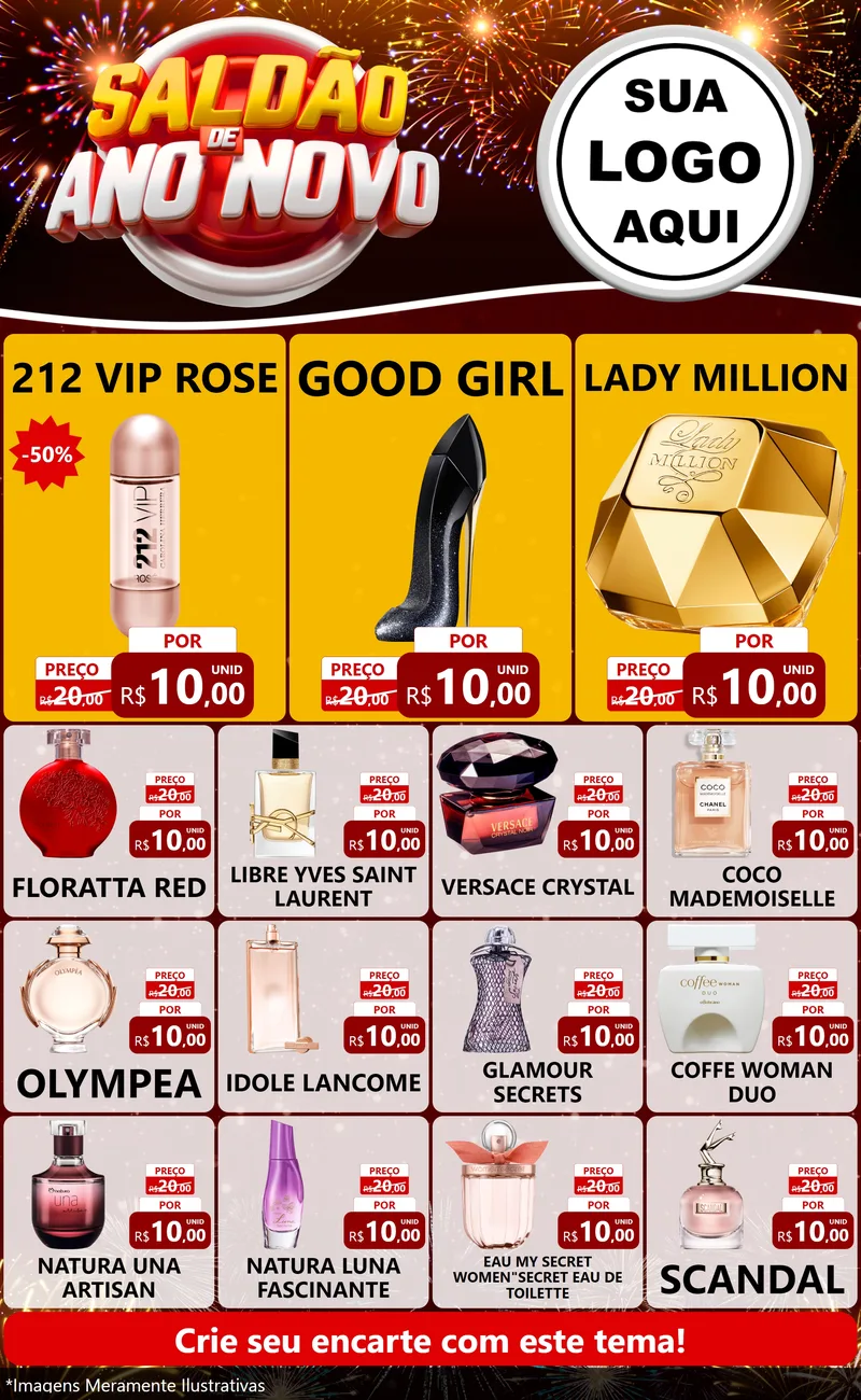 Modelo de Encarte para Encarte Grande com o tema Saldão de Ano Novo para Perfumes