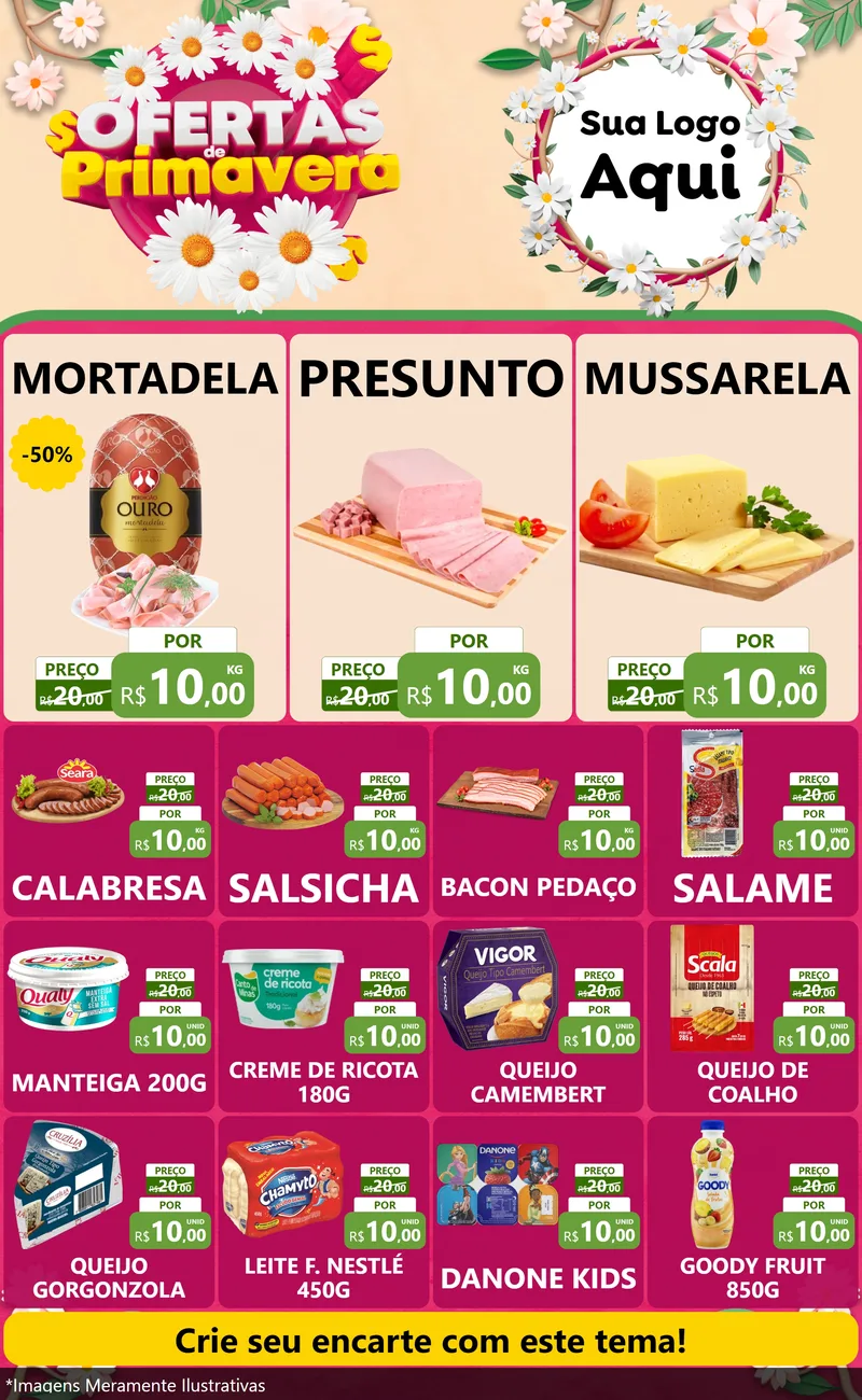 Modelo de Encarte para Encarte Grande com o tema Ofertas de Primavera para Frios e Laticínios