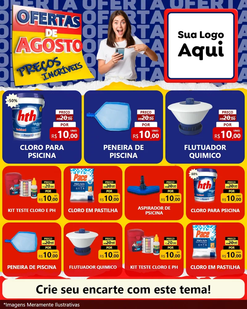 Modelo de Rede Social para Feed Instagram com o tema Ofertas de Agosto - Preços Incríveis para Produtos para Piscina
