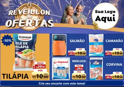 Modelo de Encarte para Encarte A4 Horizontal com o tema Réveillon de Ofertas para Peixaria