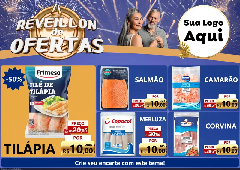 Modelo de Encarte para Encarte A4 Horizontal com o tema Réveillon de Ofertas para Peixaria