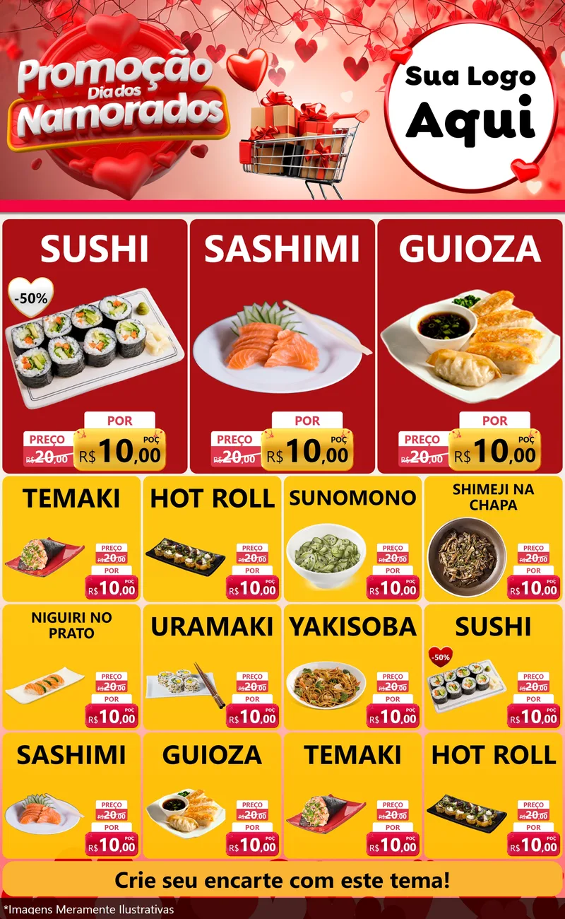 Modelo de Encarte para Encarte Grande com o tema Promoção Dia dos Namorados para Comida japonesa