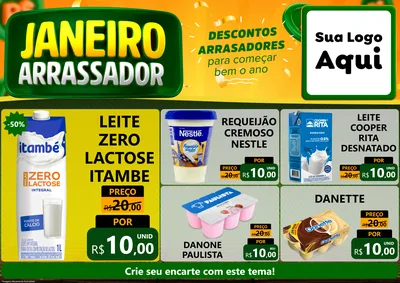 Modelo de Encarte para Encarte A4 Horizontal com o tema Janeiro Arrasador para Frios e Laticínios