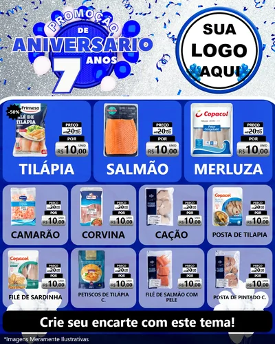 Modelo de Rede Social para Feed Instagram com o tema Promoção de Aniversário - 7 Anos para Peixaria
