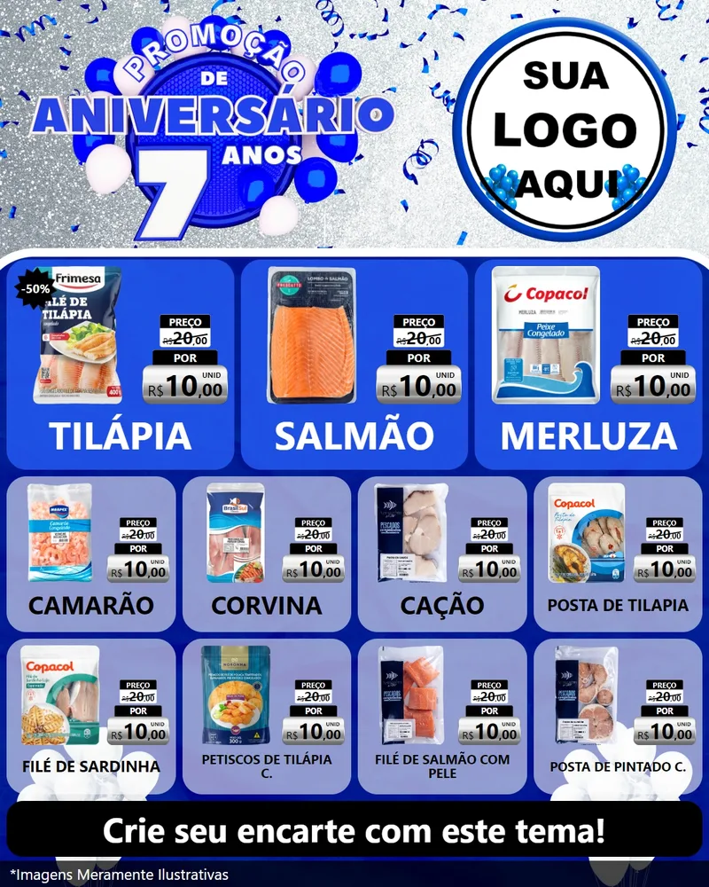 Modelo de Rede Social para Feed Instagram com o tema Promoção de Aniversário - 7 Anos para Peixaria