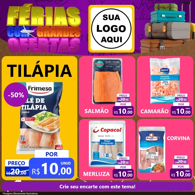 Modelo de Rede Social para Feed Facebook com o tema Férias com Grandes Ofertas para Peixaria
