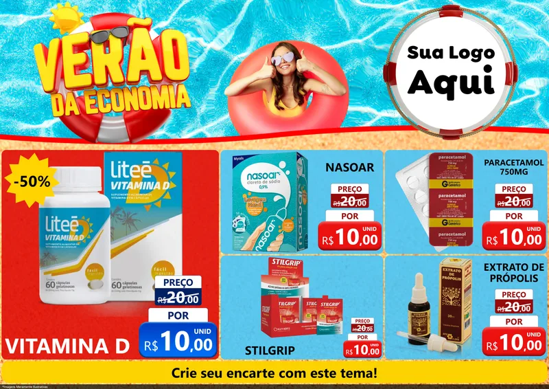 Modelo de Encarte para Encarte A4 Horizontal com o tema Verão da Economia para Farmácia
