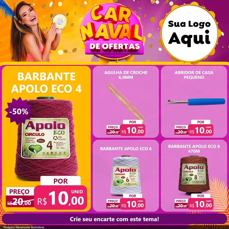 Modelo de Rede Social para Feed Facebook com o tema Carnaval de Ofertas para Armarinho e Aviamentos