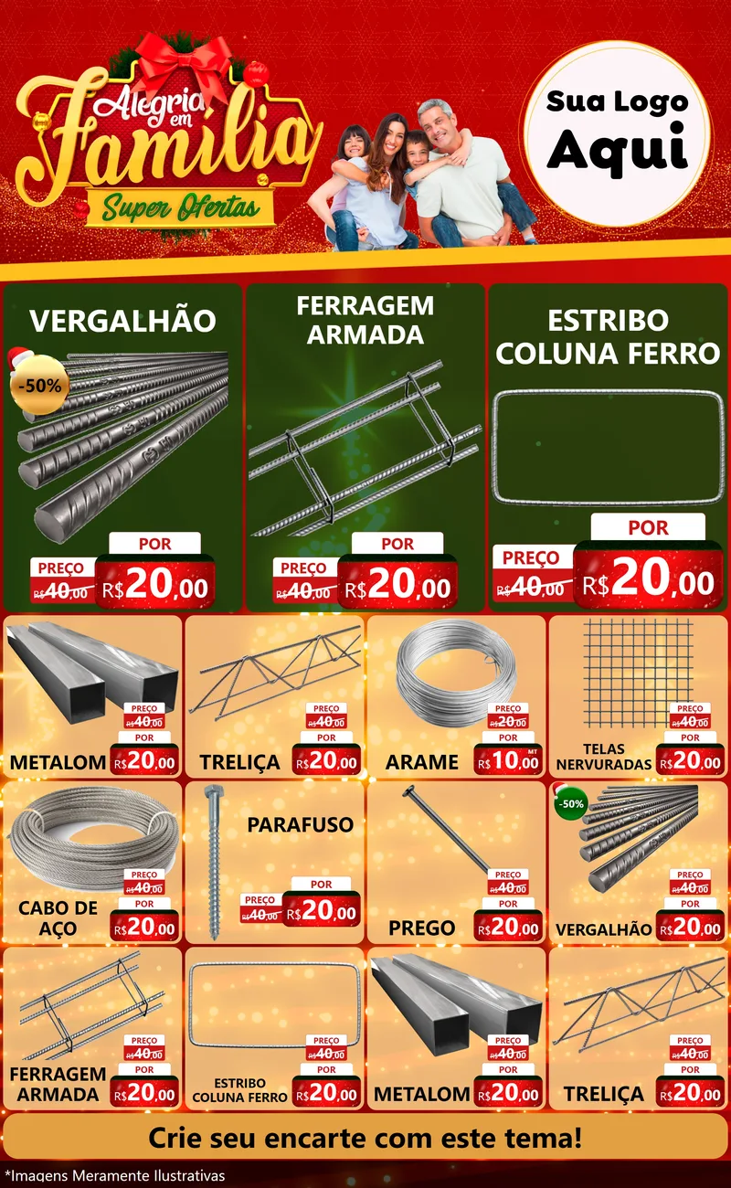 Modelo de Encarte para Encarte Grande com o tema Alegria em Família Super Ofertas - Natal para Ferragens