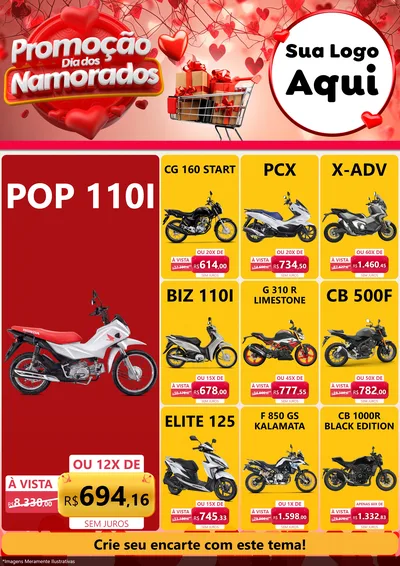 Modelo de Encarte para Encarte A4 Vertical com o tema Promoção Dia dos Namorados para Concessionaria de Motos