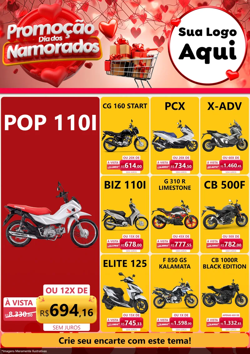 Modelo de Encarte para Encarte A4 Vertical com o tema Promoção Dia dos Namorados para Concessionaria de Motos