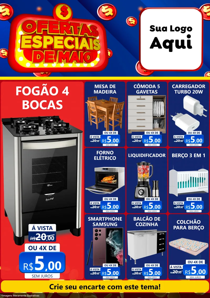 Modelo de Encarte para Encarte A4 Vertical com o tema Ofertas Especiais de Maio para Móveis e Eletro