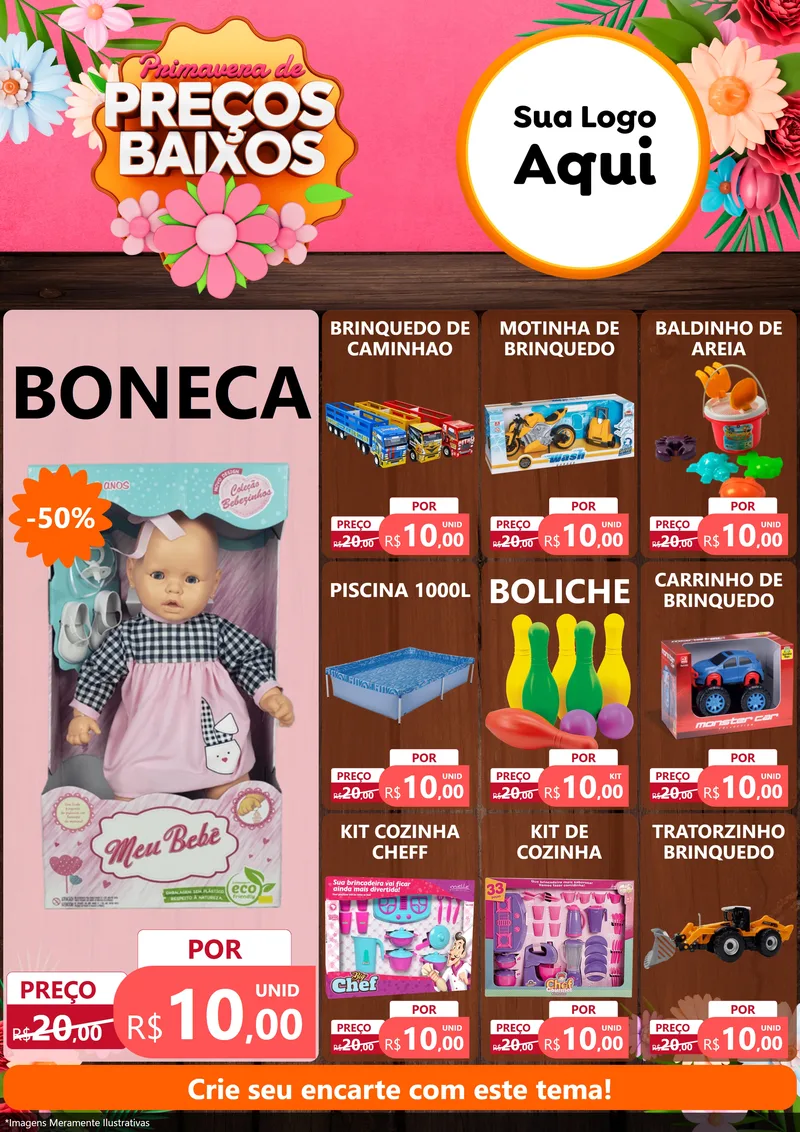 Modelo de Encarte para Encarte A4 Vertical com o tema Primavera de Preços Baixos para Brinquedos